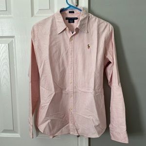Ralph Lauren Women’s slim fit button down, size 12, pink/white pin striped